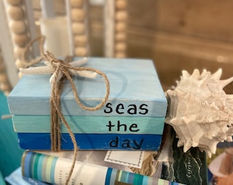 Wooden Beach Book Stack | Beach Book Stack | Seas the Day | Tiered Tray Decor | Coastal Decor | Beach House Decor | Beach Book Stack