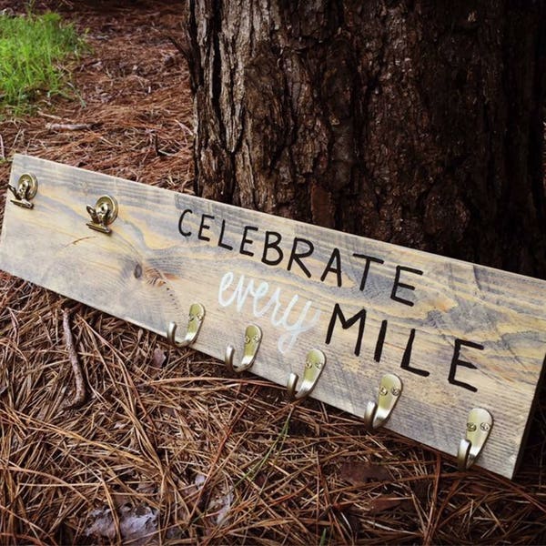 Reclaimed wood | pallet wood | Race Bib| Medal Holder|  5k, 10k, Half Marathon , Full Marathon, "Celebrate every Mile"