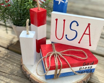 Patriotic Tiered Tray Decor: Wooden Firecrackers, USA Sign, Book Stack Bundle
