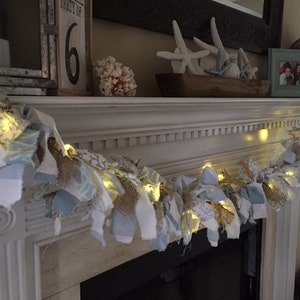 Coastal Rag Garland Coastal Decor Coastal Farmhouse Light up Rag Garland Coastal Fall Decor Coastal Christmas Decor Coastal image 1