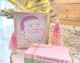 Pink Christmas Decor Bundle: Santa Sign & Book Stack