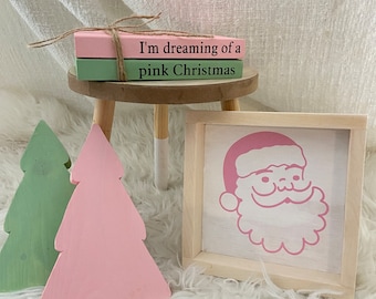 Pink Christmas Decor Bundle: Santa Sign & Wooden Trees