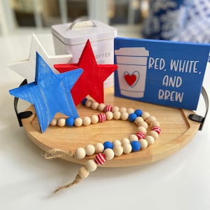 Patriotic Coffee Bar Decor Bundle: Red White Brew Sign, Wooden Stars & Bead Garland