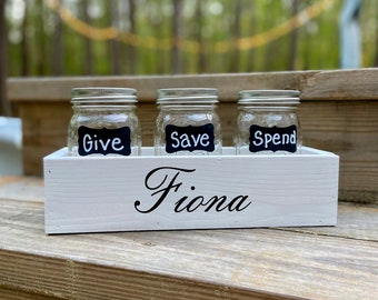 Give Save Spend gift set| reclaimed wood box with mason jars Personalized | Dave Ramsey inspired | Kids money management | Give Save Spend