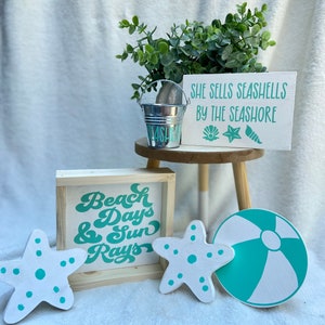 Coastal Tiered Tray Decor: Beach Ball, Starfish, Bucket & Signs