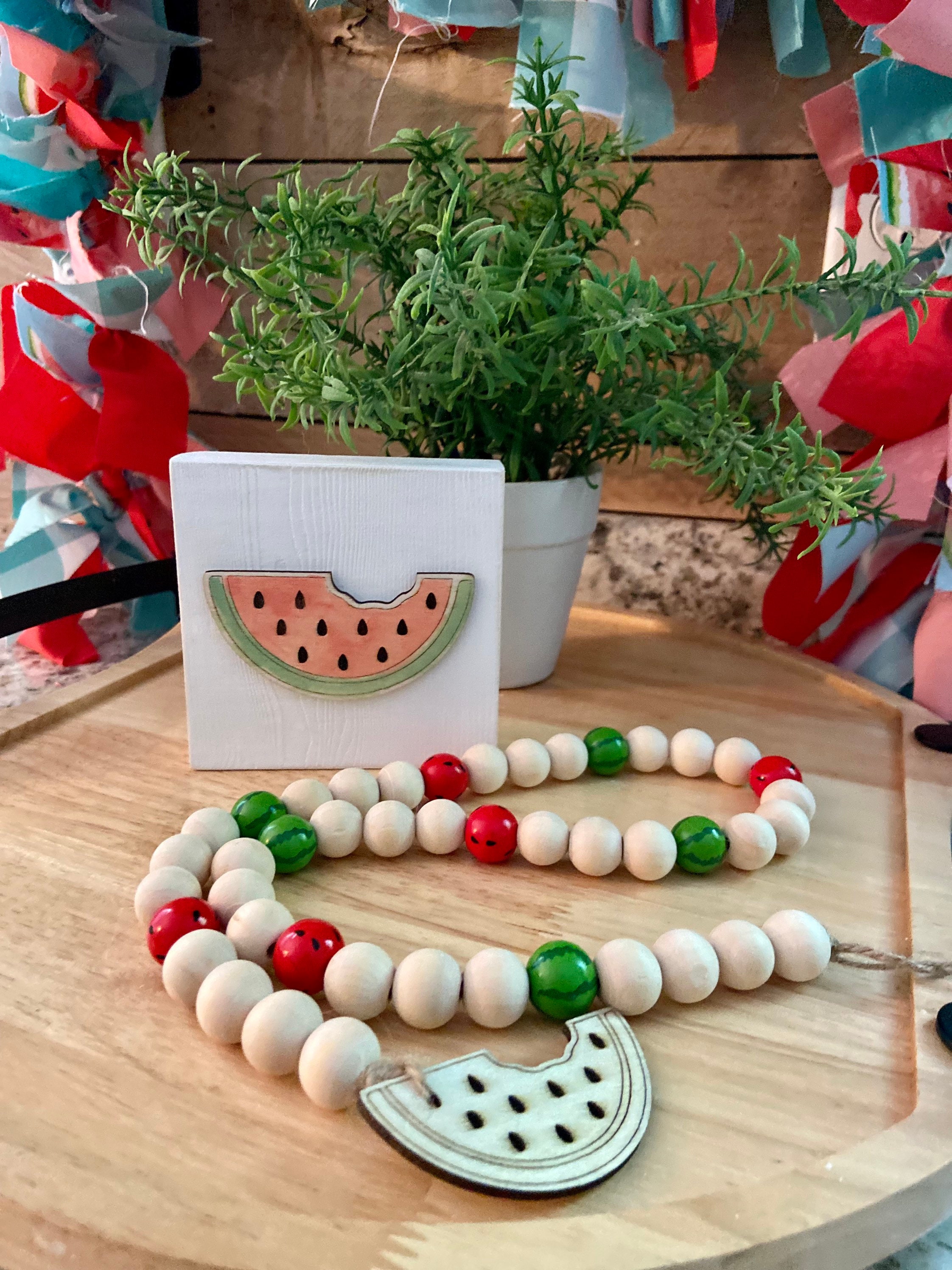 Watermelon Block Set Watermelon Decor Set: Wood Bead Garland & Block Sign - Etsy
