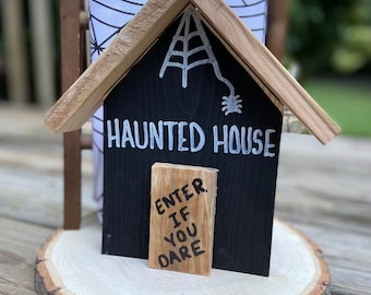Handpainted Wooden Haunted House: Halloween Tiered Tray Decor