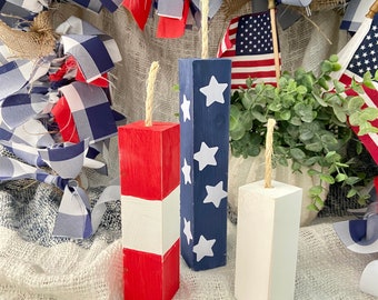 Patriotic Decor | wooden fireworks bundle | wooden firecrackers | 4th of July Decor | Red white and navy blue decor | patriotic tiered tray