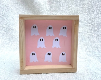 Pink Ghost Halloween Sign: Boho Framed Decor (6x6)