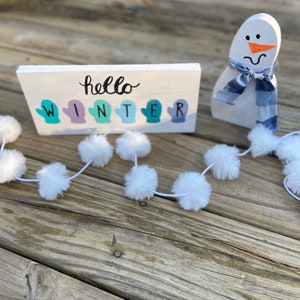 Hello Winter Wooden Mittens signs and snowman Tiered Tray Decor