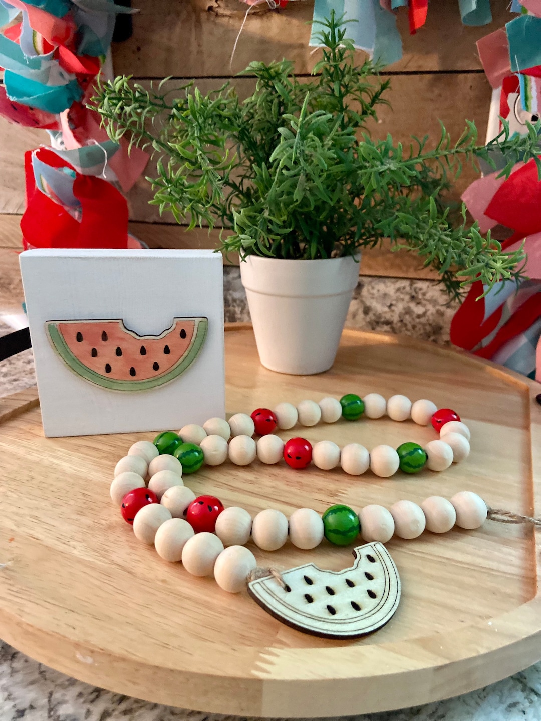 Watermelon Block Set Watermelon Decor Set: Wood Bead Garland & Block Sign - Etsy