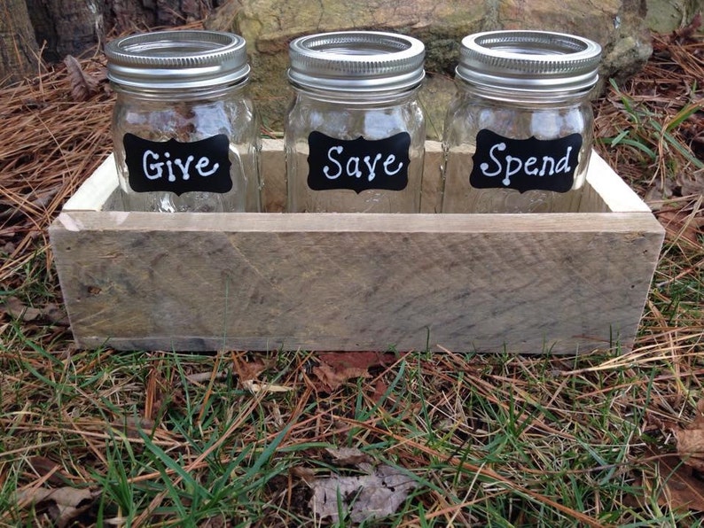 Give Save Spend gift set reclaimed wood box with mason jars | Etsy