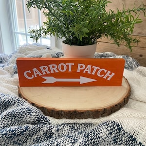 May include: Orange wooden sign with the words "CARROT PATCH" in white, with a white arrow pointing right. The sign sits on a wooden slice, with a white and blue patterned blanket in the background. A small potted plant is behind the sign.