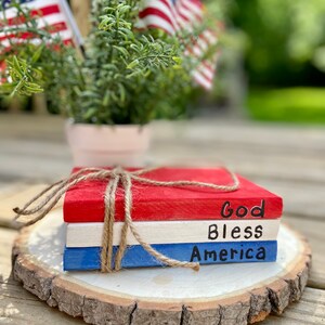 Wood faux book stack stacked books God Bless America Tiered Tray Patriotic Decor