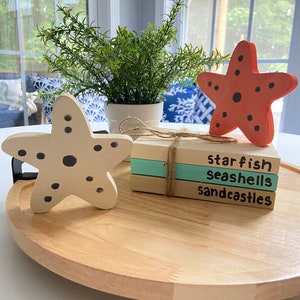 Reclaimed Wood Beach Book Stack with Starfish: Coastal Tiered Tray Decor