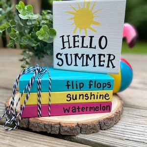 Summer tiered tray decor | Summer Book Stack | Hello Summer Sign | Flip flops | Sunshine | Watermelon | Summer Decor