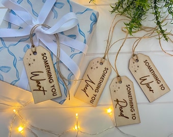 Christmas Gift Tags Set of 4 | Something You Want Need Wear Read Tags | Wooden Christmas Gift Tags | Reusable Holiday Gift Labels | 4 gifts