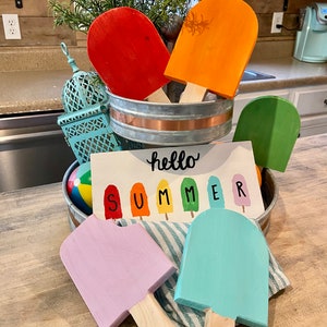 Summer tiered tray bundle Hello Summer popsicle sign with 2 wooden popsicles