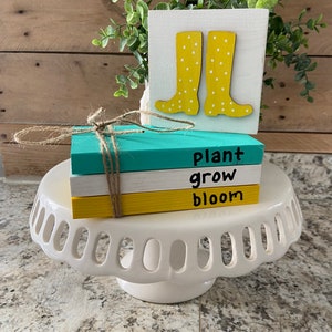 Rainy Day Bundle | Wooden cutout rain boots sign & book stack | Spring Decor | Spring Tiered Tray | Rain boot Decor | Spring Tiered Tray