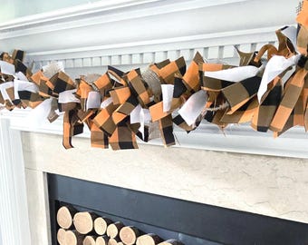 Halloween Rag Garland, Orange Black Buffalo Check Garland, Farmhouse Halloween Decor, Halloween Mantel Garland, Fireplace Garland, Rustic