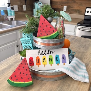 Summer Tiered Tray Decor | Hello Summer Sign and 2 watermelon slices | Handmade Gift | Summer Decor | Watermelon Decor | Tiered Tray Decor