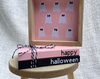 Pink Halloween Decor Bundle | Pink Ghost  Sign & Book Stack | Fabric Ghost Garland | Halloween Garland | Boho Halloween | Ghost Garland |