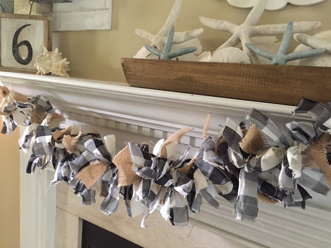6 Foot Buffalo Check & Burlap Rag Garland Fall Winter Farmhouse Black ...
