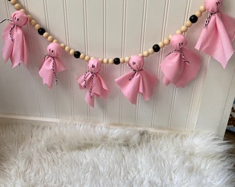 Pink Ghost Garland: Boho Halloween Wooden Bead Decor