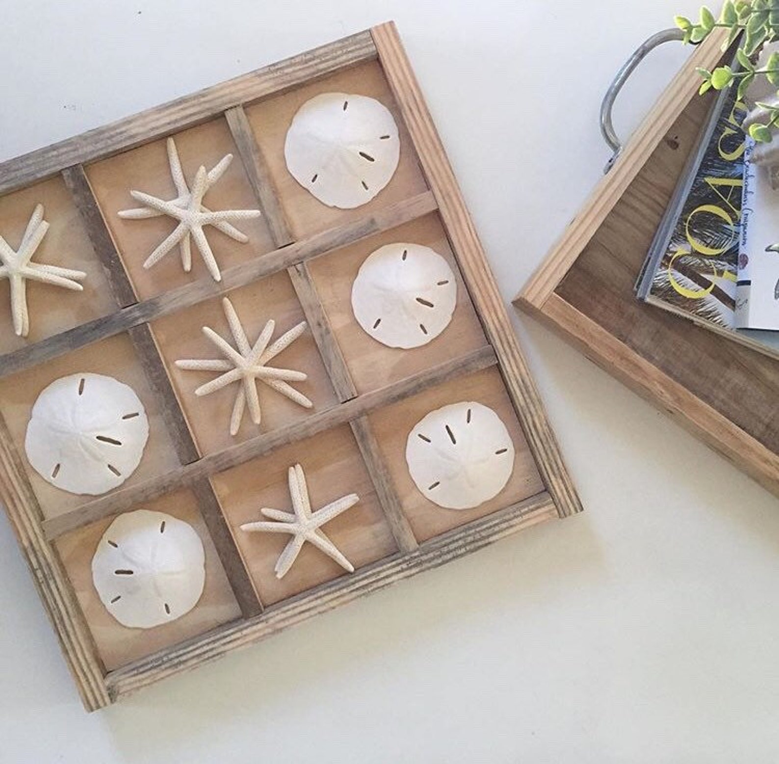 WOOBLI Beach Tic Tac Toe Game - Coastal Wooden Board With Sea Star Vs Shell Pieces, Perfect Beach House Decor