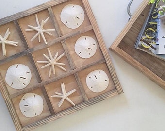 Natural Wood Coastal Beach Tic Tac Toe Board includes Starfish and Sand Dollars