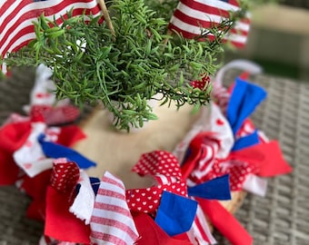 Patriotic Rag Garland: Red White Blue Tiered Tray Decor (2ft)