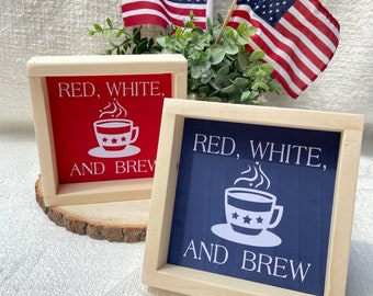 Letrero patriótico de cafetería: decoración en rojo, blanco y café