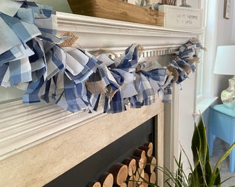 Buffalo Check Rag Garland: Navy Burlap Winter Decor (6 foot)