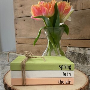 May include: Three wooden blocks stacked on a wood slice. The top block is green and says "spring". The middle block is white and says "is in". The bottom block is peach and says "the air".