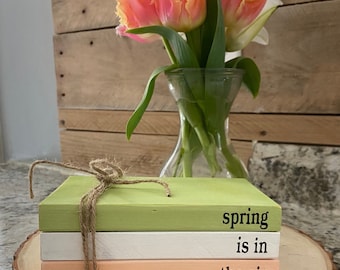 Wooden Spring Book Stack | Faux Stacked Books | Spring Book Stack | Spring Tiered Tray Decor | Spring Decor | Spring is in the air | Spring