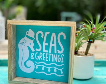 Coastal Christmas Decor| Christmas Beach Decor | Seahorse Sign | Beach Christmas Decor | Beach House | Christmas Tiered Tray Decor | Coastal