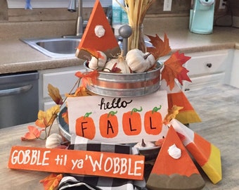 Fall tiered tray decor | Pumpkin Decor | Hello Fall Sign | Fall Decor | Thanksgiving Decor | Pumpkin Pie
