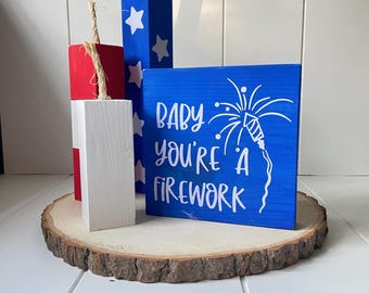Patriotic Tiered Tray Decor: Wooden Firework Bundle