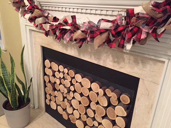 New! Burlap Black & Red Buffalo Plaid Check Rag Garland 6 FT