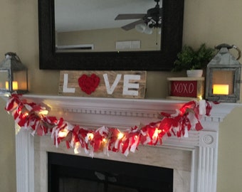 Buffalo Check & Burlap Rag Garland: Valentine's Day Farmhouse Decor (6 foot)