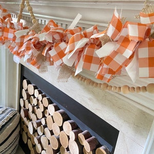 Fall Decor | Orange and White Buffalo Check Rag Garland | Fall Mantel Decor | Fall Rag Garland | Orange and White Buffalo Check