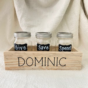 Give Save Spend gift set| reclaimed wood box with mason jars Personalized | Dave Ramsey inspired | Kids money management | Give Save Spend