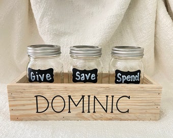 Give Save Spend gift set| reclaimed wood box with mason jars Personalized | Dave Ramsey inspired | Kids money management | Give Save Spend