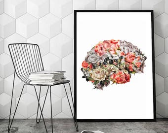 Human brain art, surreal wall art, flowers art print, rose print art, surreal collage art, human brain anatomy art, rose art "Flower brain".