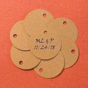 Mini Kraft Tags - personalized mini wedding tags 1&quot; round . custom, bride and groom initials and wedding date . rustic wedding favors