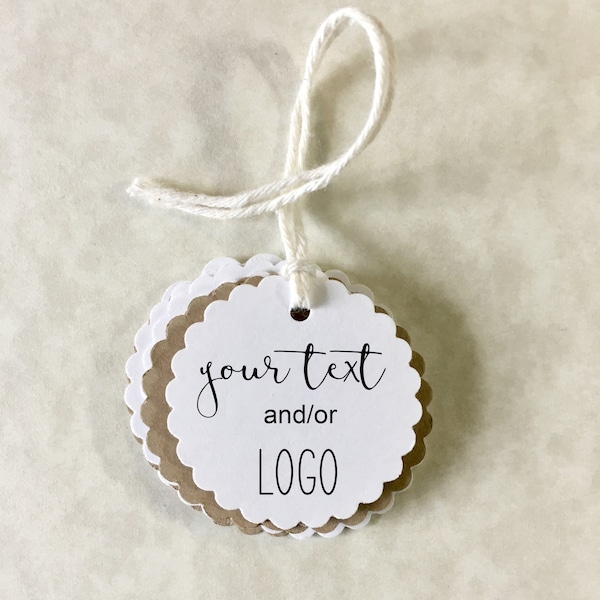 Custom Scalloped Tags - mini scallop circle tags 1.5" diameter . kraft brown, bright white, or ivory tags, bakers twine ties . personalized