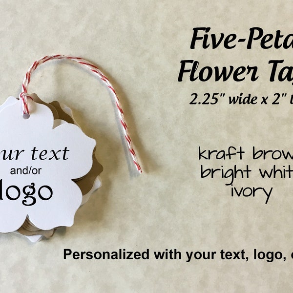 Five-Petal Flower Tags - custom printed large floral tags . personalized / customized with text or logo . for weddings, gifts, products