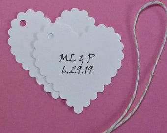 100 Scalloped Heart Tags - Personalized with initials and wedding date . bride/groom tags . simple white hearts . wedding favor tags