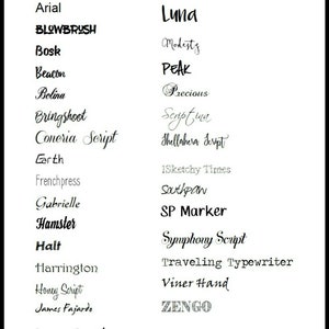 May include: A list of available fonts for use in a design project. The fonts are listed in alphabetical order and include both serif and sans-serif styles.