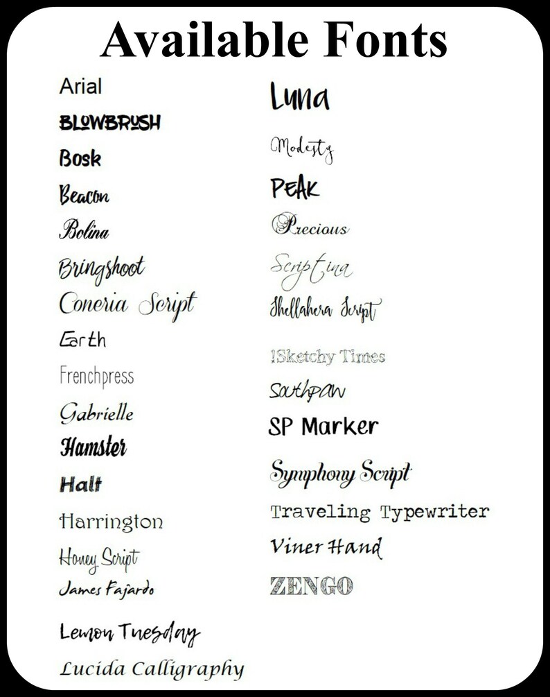 May include: A list of available fonts for use in a design project. The fonts are listed in alphabetical order and include both serif and sans-serif styles.